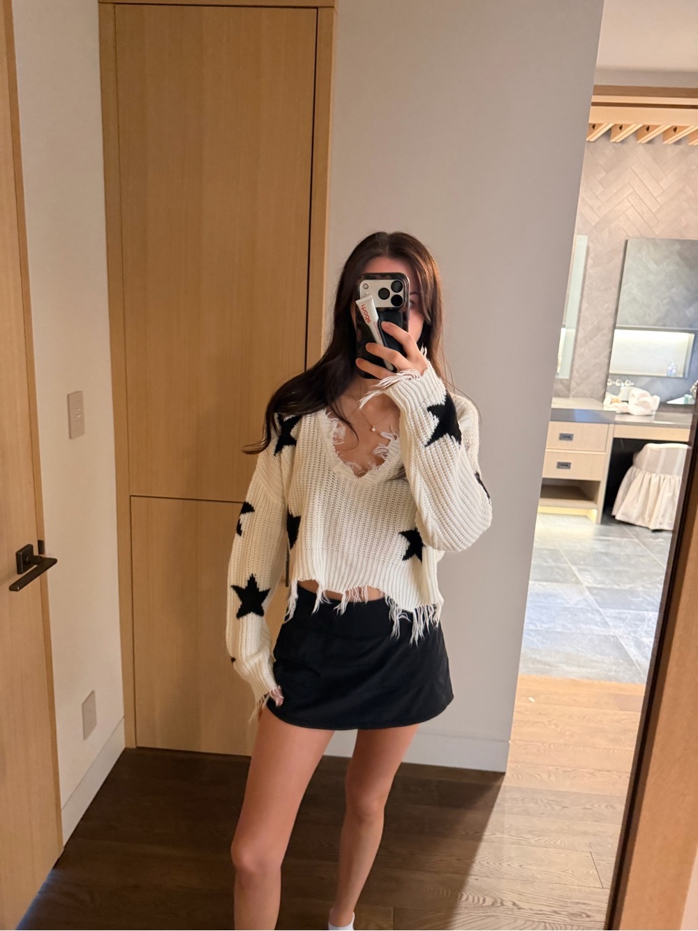 Cropped Off-The-Shoulder Distressed Star Sweater